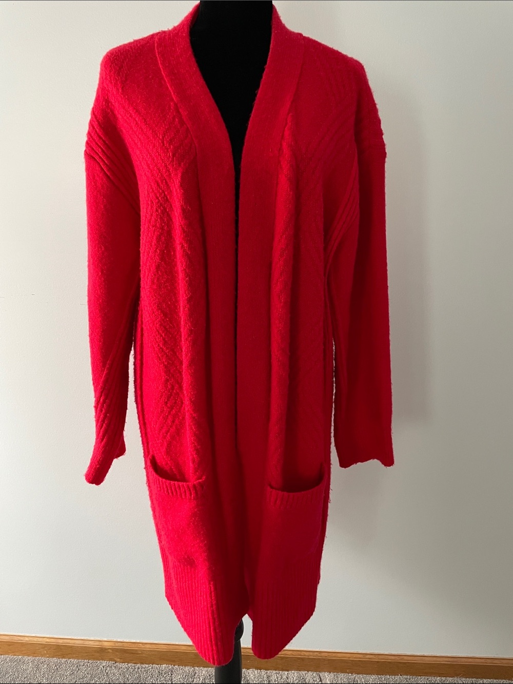 Red Open-Front Longline Women's Sweater Cardigan